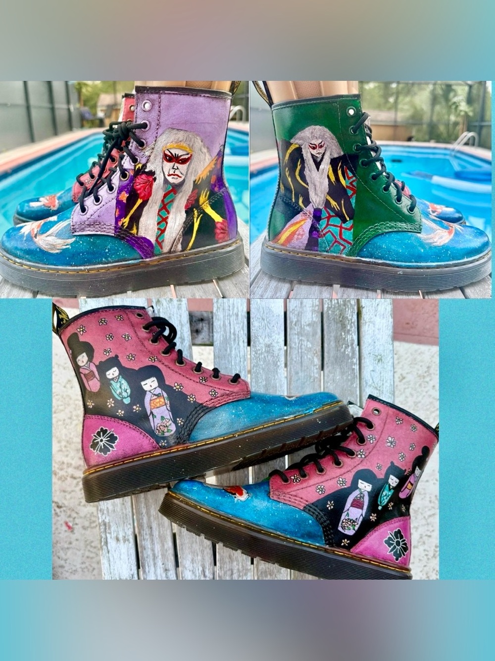 Dr. Martens Hand Painted Kabuki Themed Zavala Boots Mens 7/WMens 8~NEW